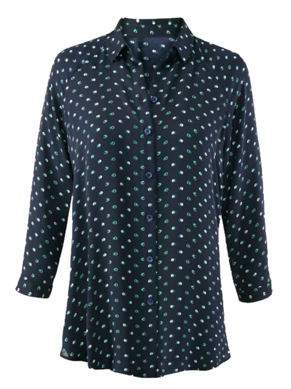 Cabi Martini Blouse - Navy Button-Up with Green/White Print